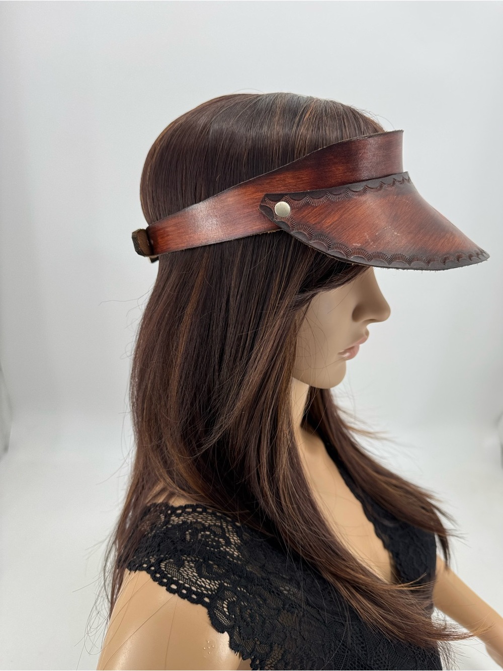 Vintage 70s Boho Hippie Groovy Western Tooled Leather Floral Sun Gambler Visor - Picture 5 of 15